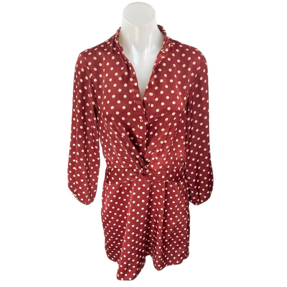 Zara Red Silky Satin Polka Dot Twist Front Long Sleeve Mini Shirt Dress Size S